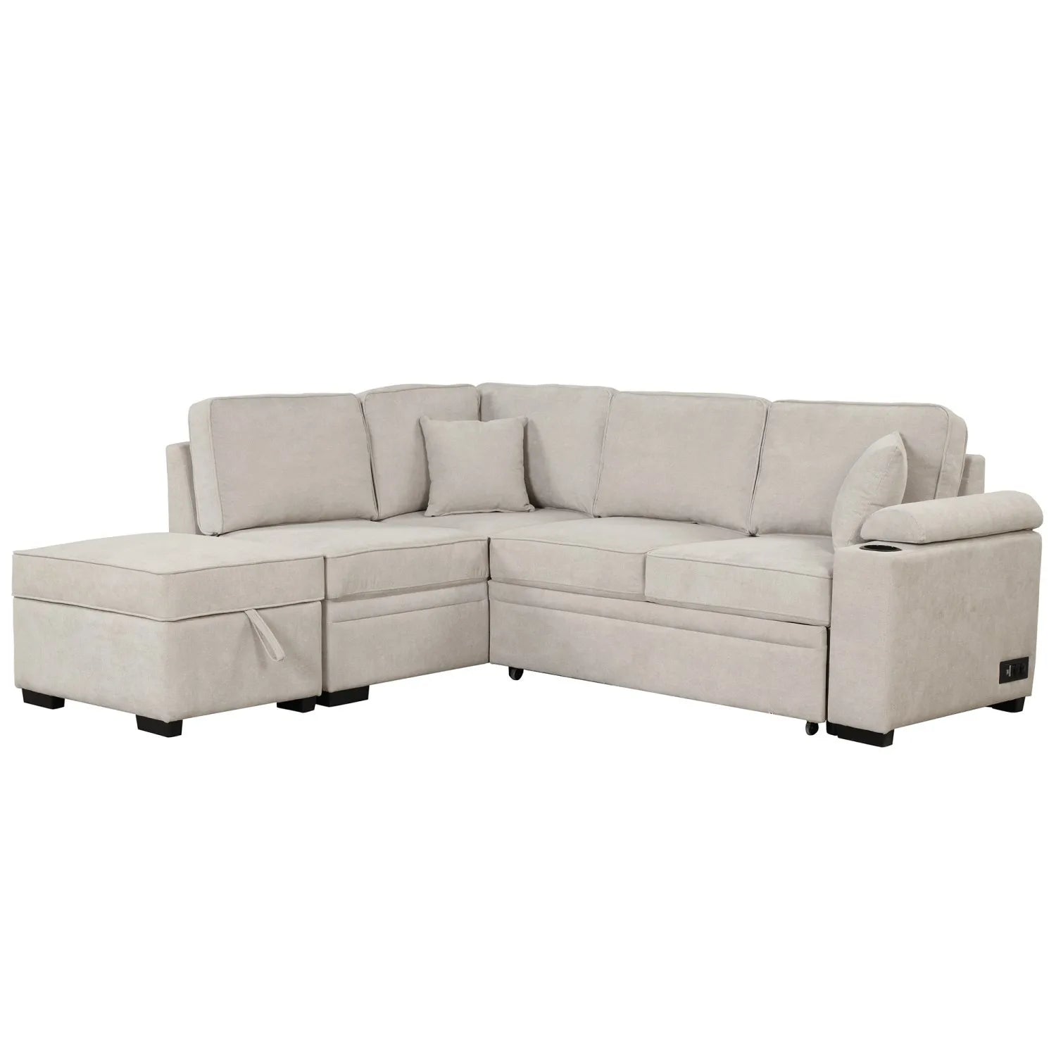 Three Seat Fabric Sofa Bed Pull-Out Function 2-in-1 L-Shape Couch Storage Ottoman for Living Room Bedroom Hotel Small Apartments