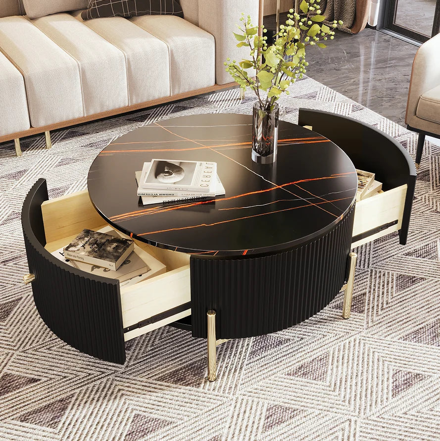 Modern Marble Round Coffee Table with 2 Large Drawers Storage Portable Accent Table for Living Room (31.5'')