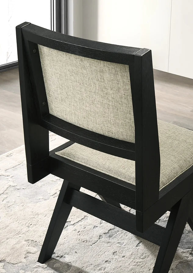 5pc Black Wooden Dining Set with Gray Upholstery Tempered Wood Top Table Chairs 48" Round Apartment-Friendly