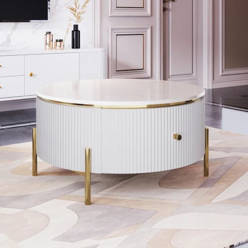 Modern Marble Round Coffee Table with 2 Large Drawers Storage Portable Accent Table for Living Room (31.5'')