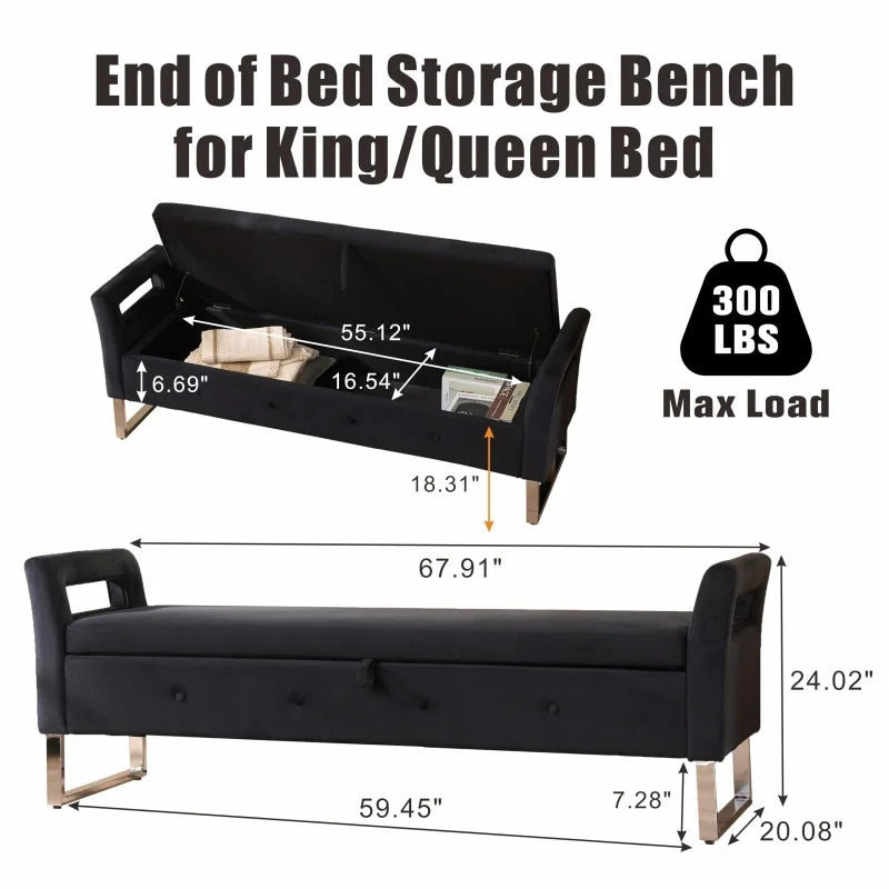 SZ 67.91"Wide Velvet Storage Soft Bench Ottoman with Armrests for Entryway and Bedroom
