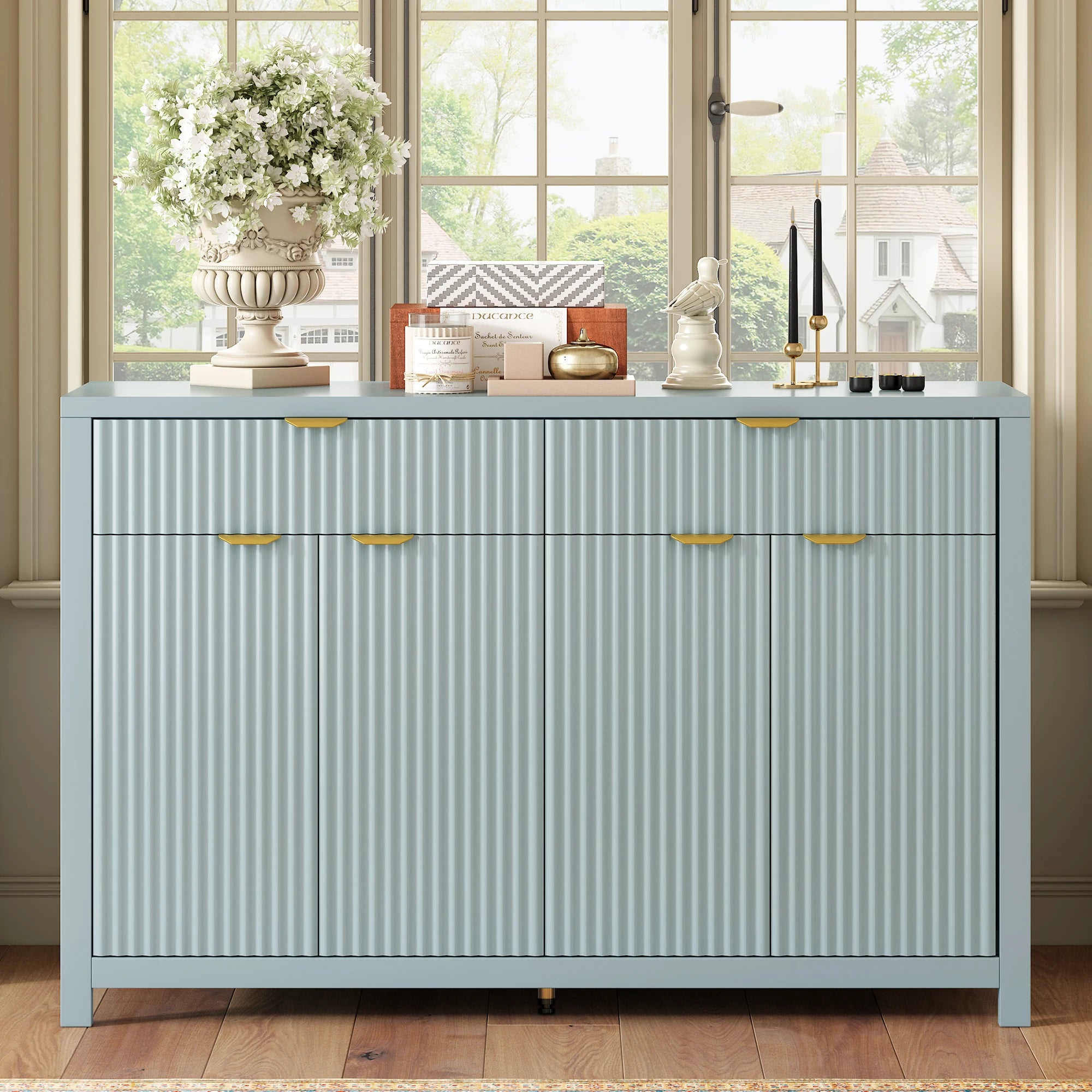 Wood Sideboard Buffet Cabinet with 2 Drawers & 4 Doors Adjustable Shelves Wave-Pattern Design for Living Room Hotel