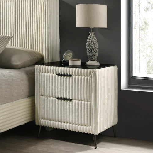 Mavela Modern Adjustable Wide Wale Corduroy Upholstery Panel Queen Bed 2 Nightstands Cream for Apartment Hotel Use Furniture Set