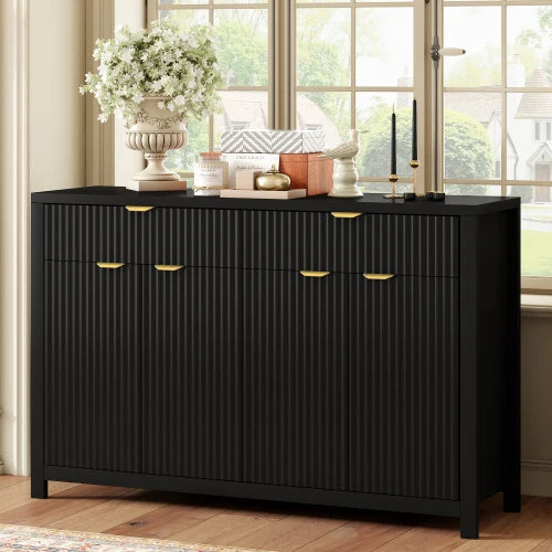 Wood Sideboard Buffet Cabinet with 2 Drawers & 4 Doors Adjustable Shelves Wave-Pattern Design for Living Room Hotel