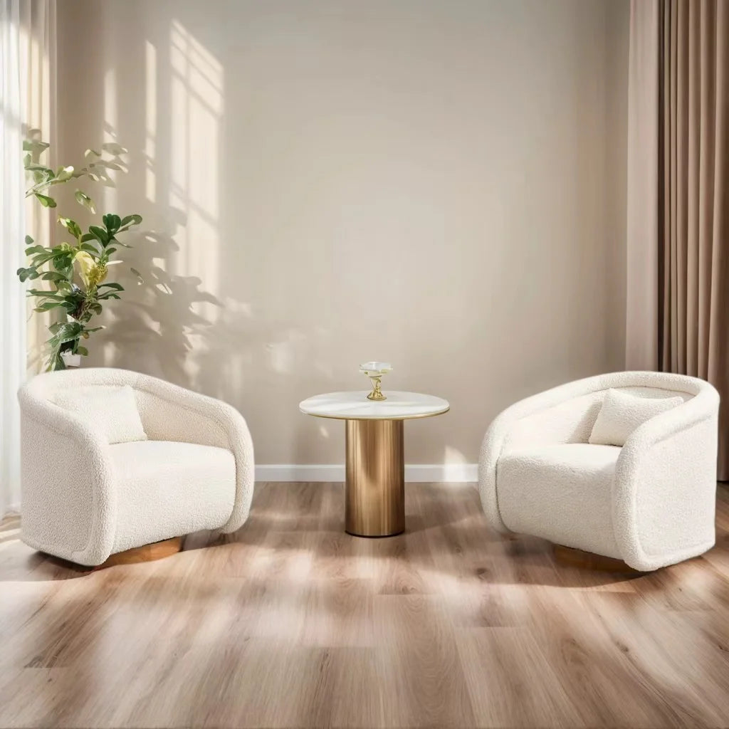 Simple Design Beige Teddy Decor Round Swivel Barrel Accent Arm Chair with Wooden Base for Living Room