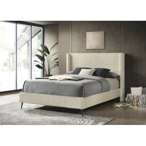 Mavela Modern Adjustable Wide Wale Corduroy Upholstery Panel Queen Bed 2 Nightstands Cream for Apartment Hotel Use Furniture Set