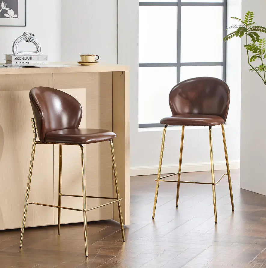 Luxury Modern Steel Bar Chair with Leather Backrest Adjustable High Foot Stool for Kitchen Counter Dining Chair Set of 2