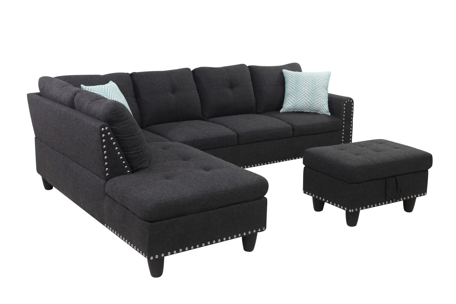 98" Wide Three Seat Left Hand Facing L-Shaped Corner Sectional Sofa Storage Ottoman Eco-Friendly Durable Linen Upholstery Sofa