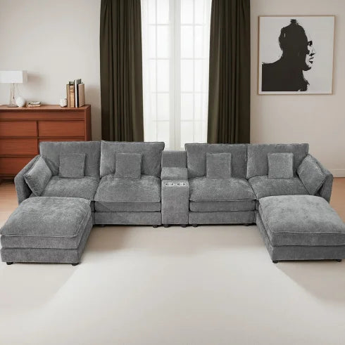 U Shaped Convertible Modular Sectional Sofa Set 144" Comfy Fluffy Chenille 6 Seat Living Room Ottoman
