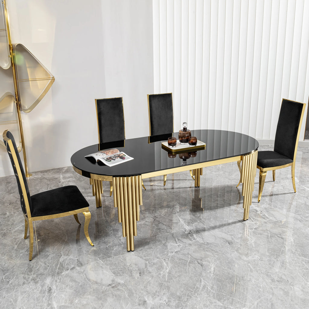 Oval Silla De Comedor Modern Luxury Gold Stainless Steel and Black Glass Dining Table