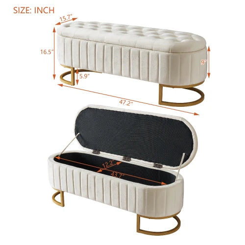 Elegant Upholstered Velvet Storage Ottoman with Button-Tufted,Storage Bench with Metal Legs for Bedroom Living Room