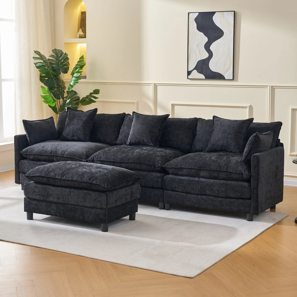 Black Chenille Fabric L-Shaped Modern Convertible Modular Sectional Sofa Three Seat Soft Pillow Ottoman for Apartment Living
