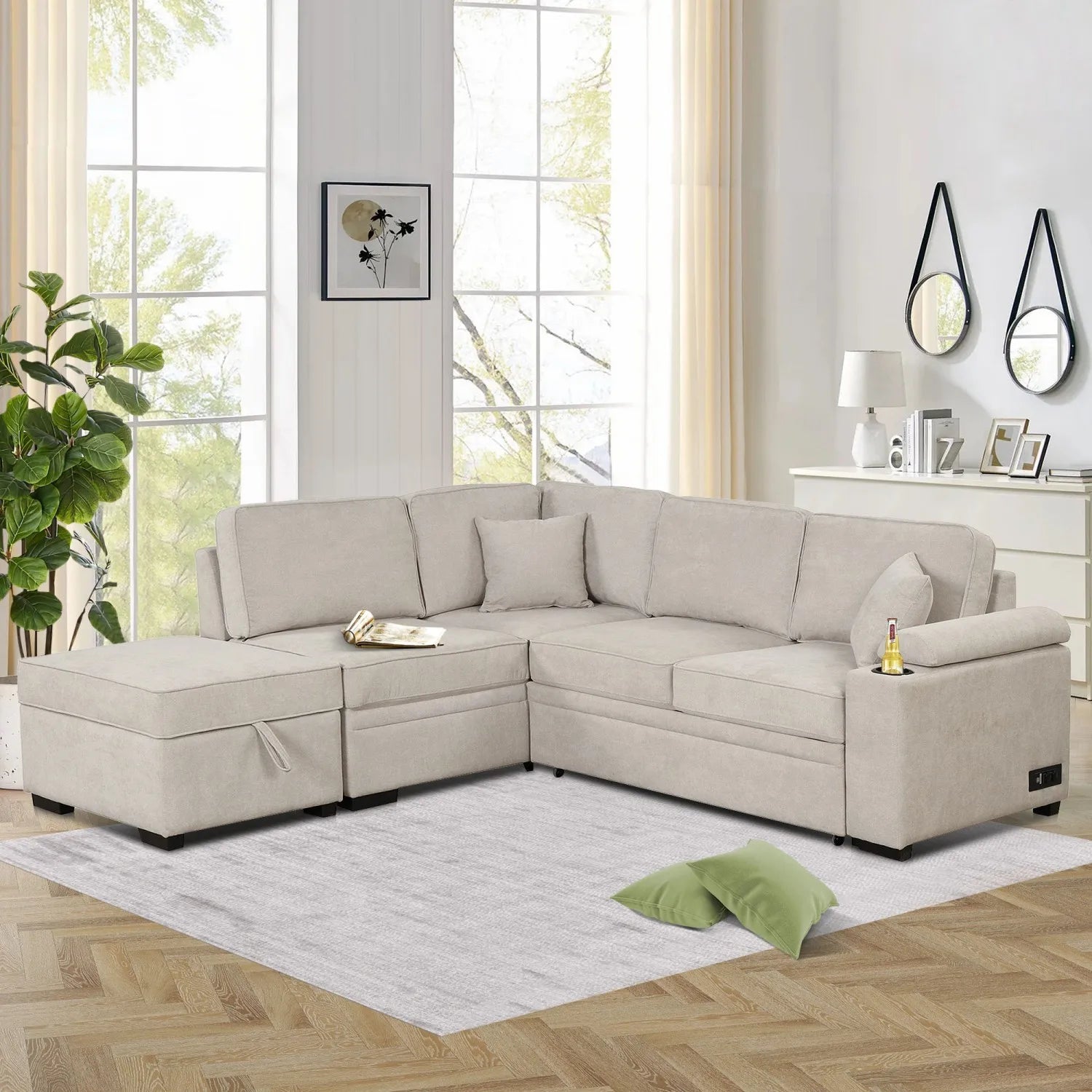 Three Seat Fabric Sofa Bed Pull-Out Function 2-in-1 L-Shape Couch Storage Ottoman for Living Room Bedroom Hotel Small Apartments