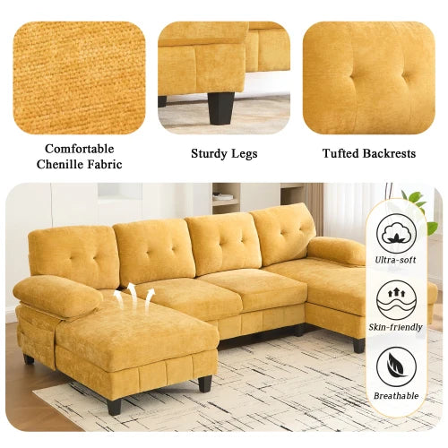 Square Convertible Sectional Sofa Set 103.5" Chenille Fabric with Dual Chaise Lounges Storage Pockets for Living Room