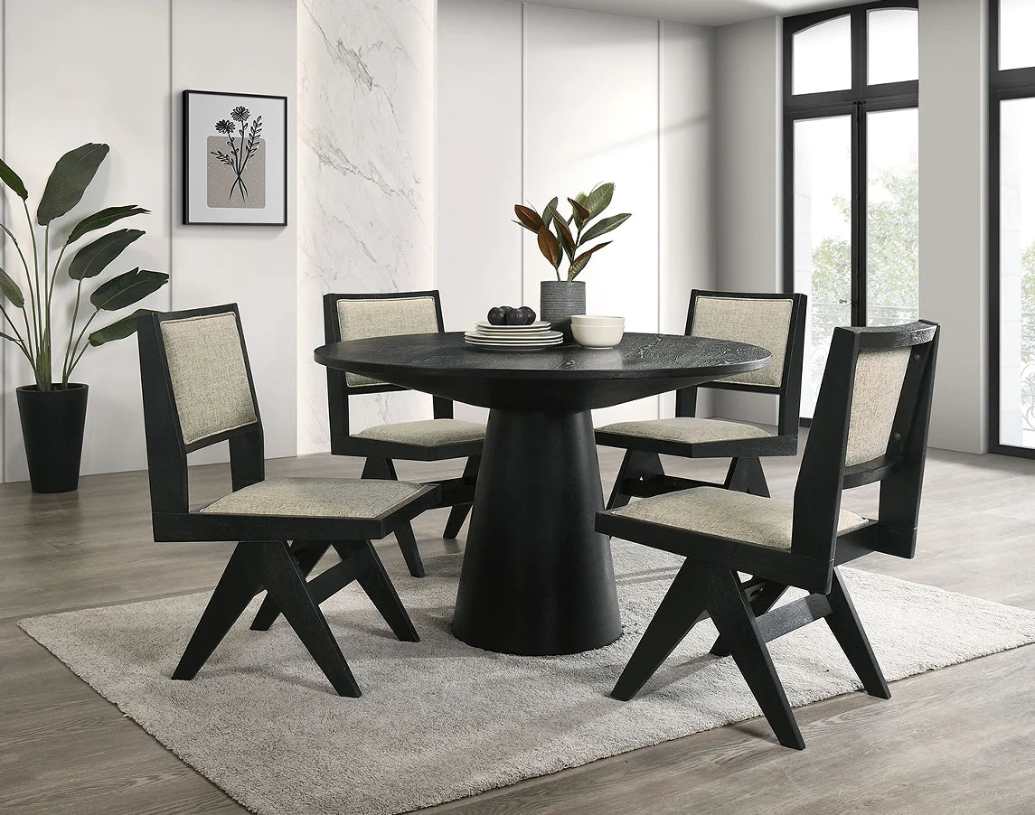 5pc Black Wooden Dining Set with Gray Upholstery Tempered Wood Top Table Chairs 48" Round Apartment-Friendly