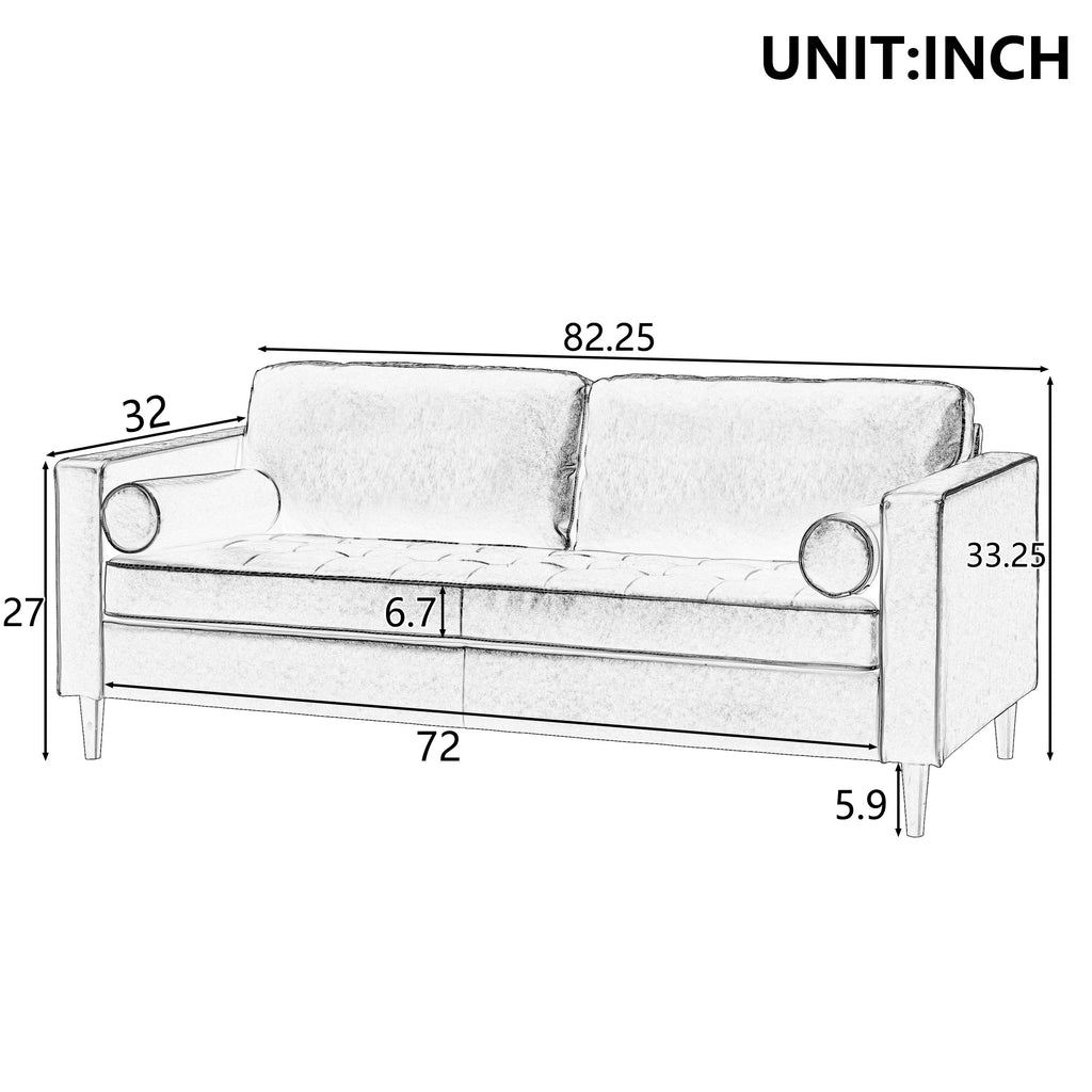 Mirod Mid- Modern PU Leather 3-Seat Sofa Tufted Design Solid Wood Legs 2 Bolster Pillows Living Room Home Office