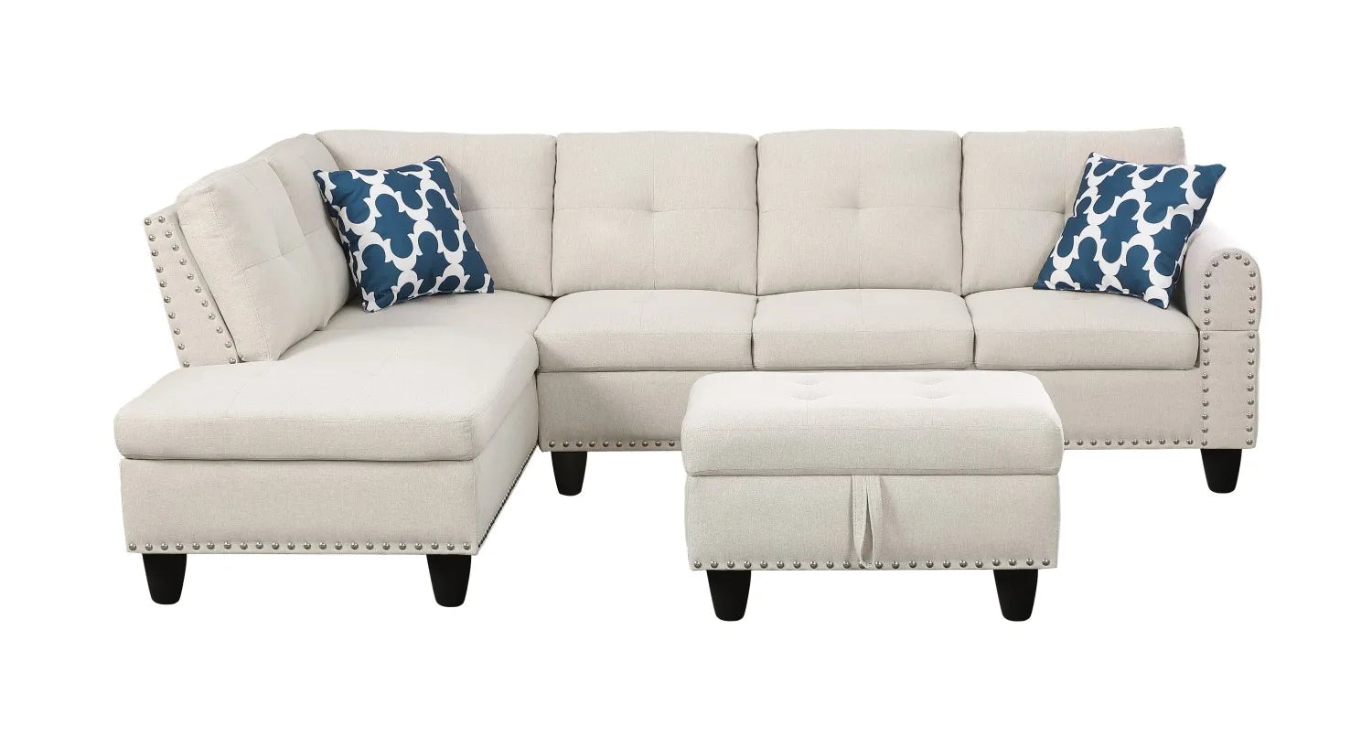 98" Wide Three Seat Left Hand Facing L-Shaped Corner Sectional Sofa Storage Ottoman Eco-Friendly Durable Linen Upholstery Sofa