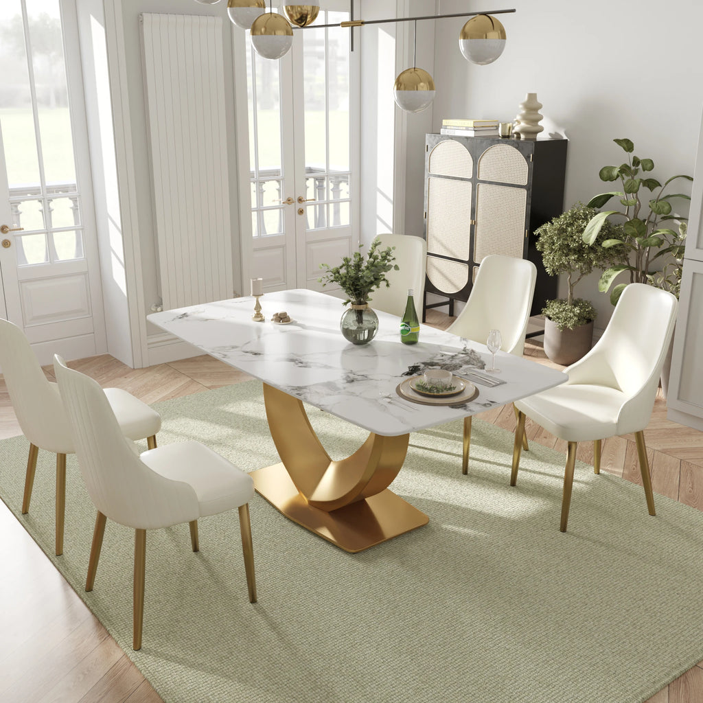 Voxhome US Drop Shipping Home Furniture Modern Luxury Rectangle Dining Table Sintered Stone Marble Texture Top Gold Dinner Table