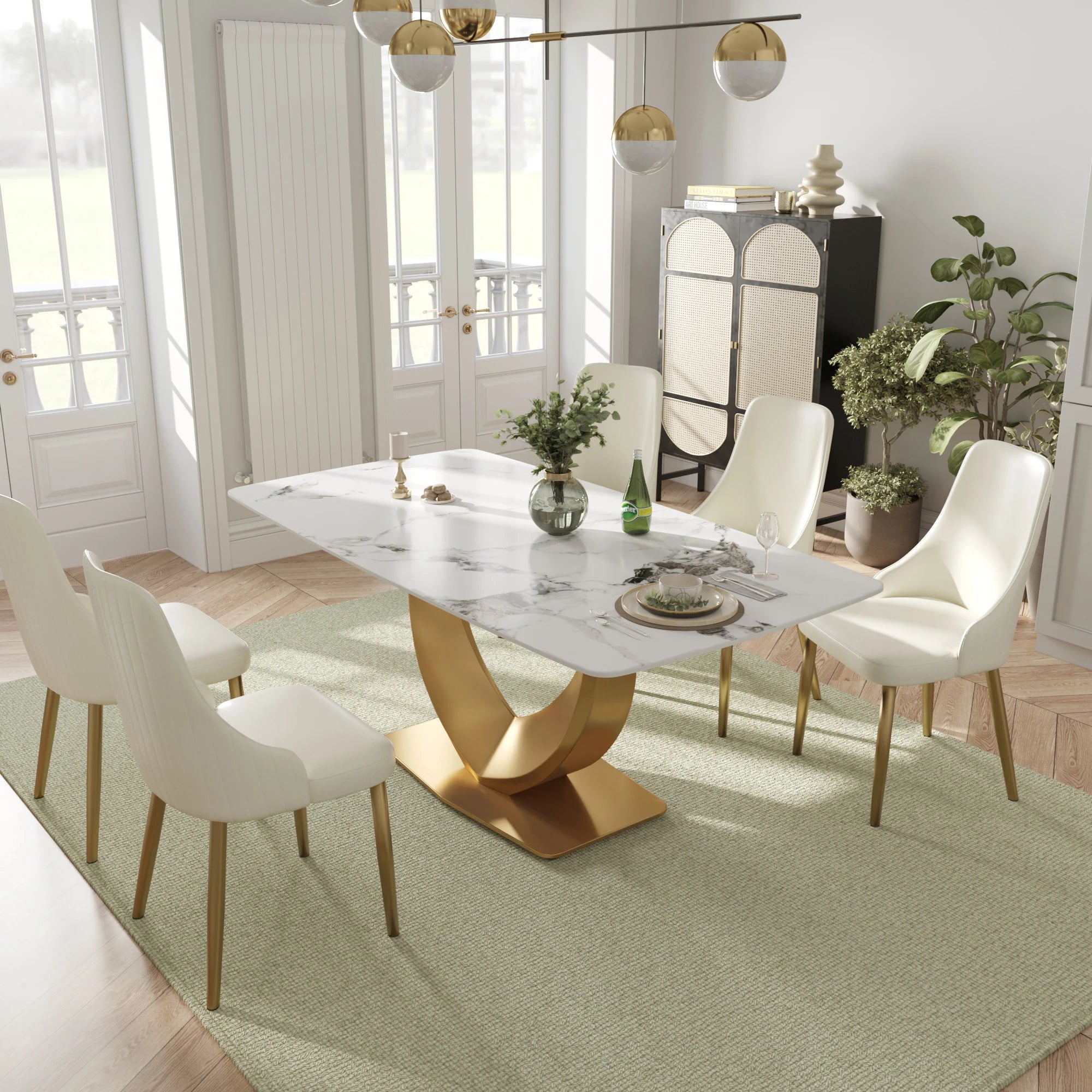 Voxhome US Drop Shipping Home Furniture Modern Luxury Rectangle Dining Table Sintered Stone Marble Texture Top Gold Dinner Table