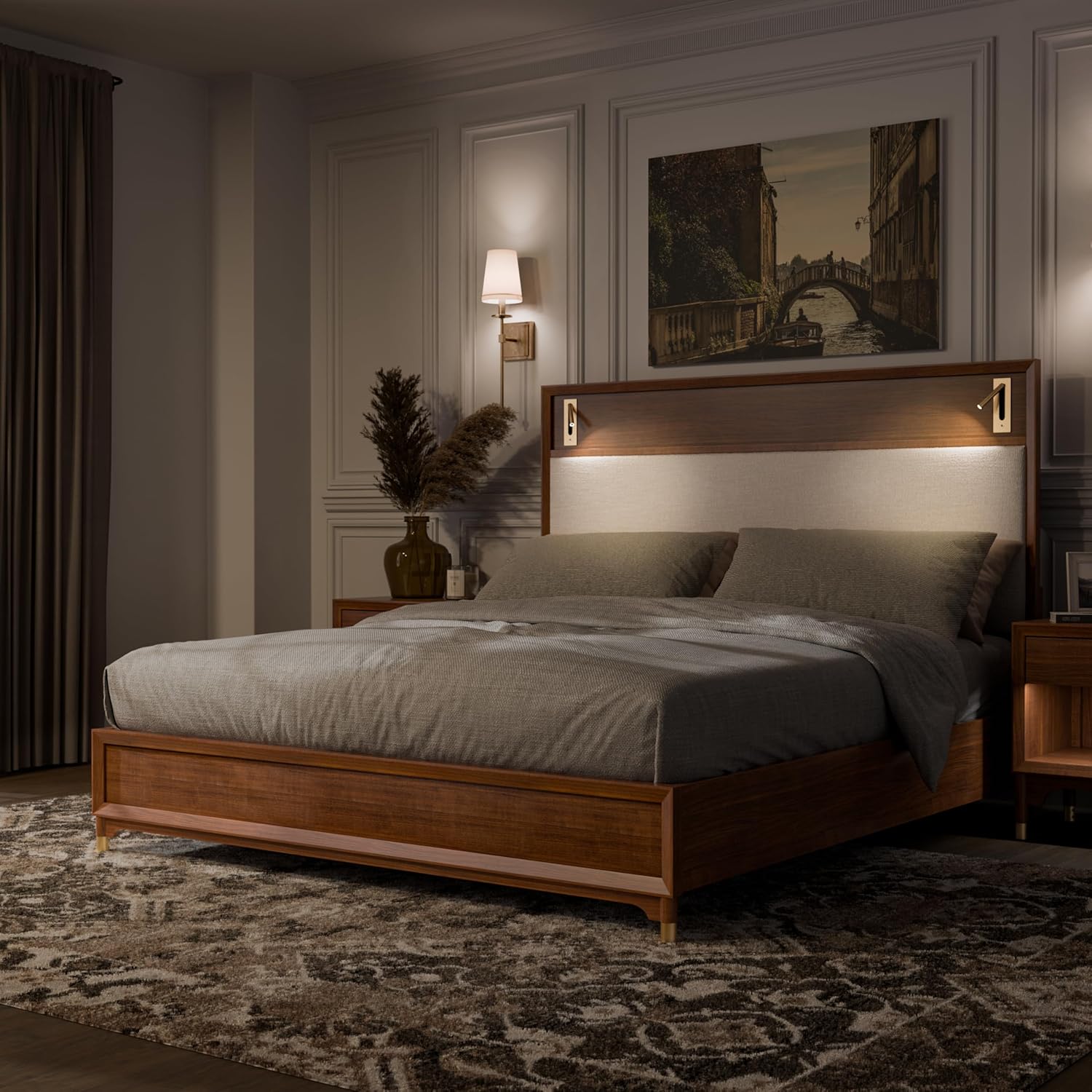 Mid-Century Solid Wood Bed Frame