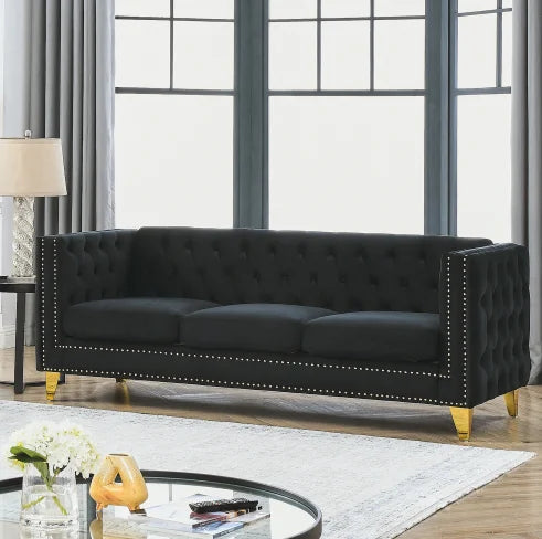 Velvet Sofa Set for Living Room Buttons Tufted Square Arm Modular Couch Modern Upholstered with Wood Legs
