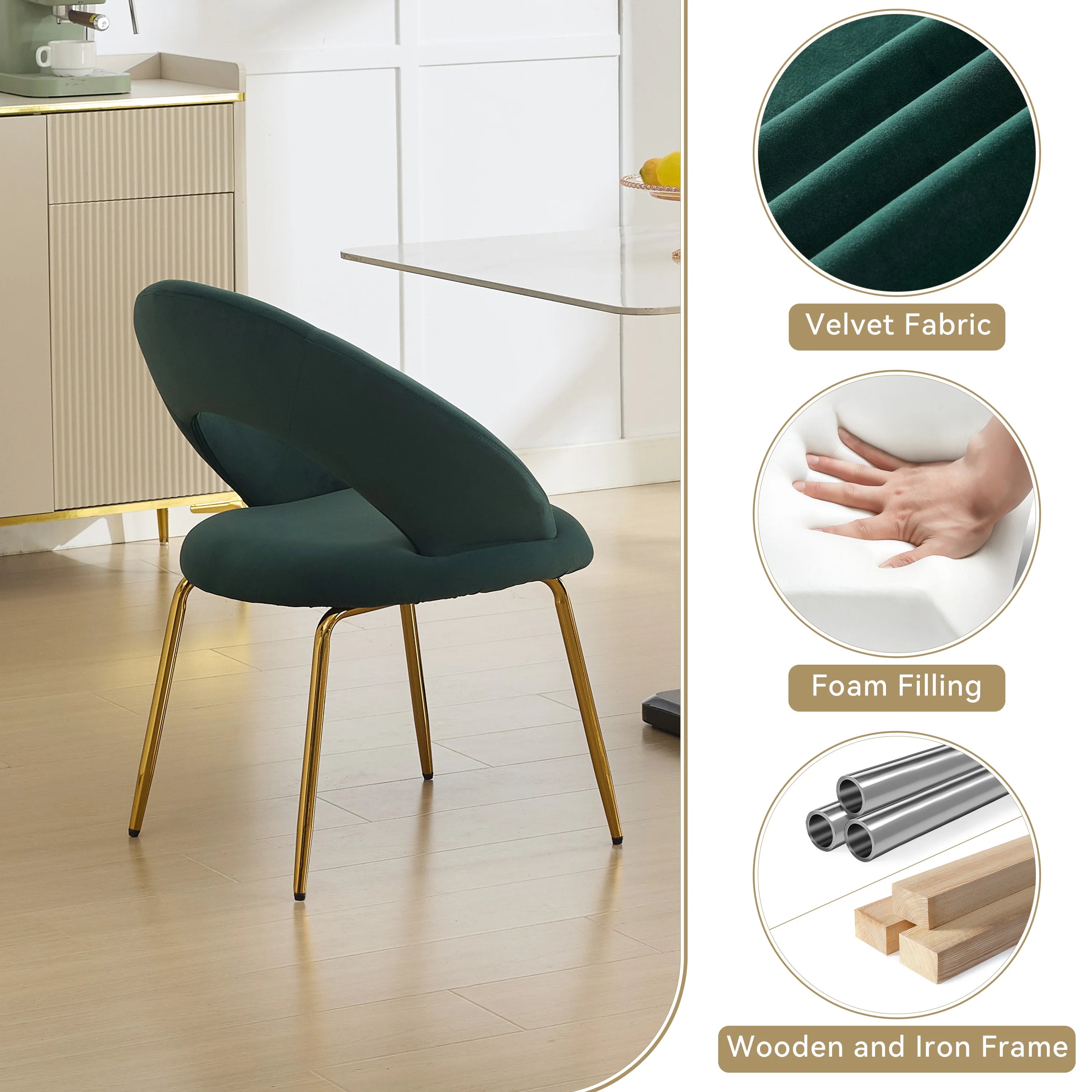 Set of 1 Modern Velvet Fabric Dining Chairs with Curved Backrest and Iron Legs for Dining Room or Living Rooms Green