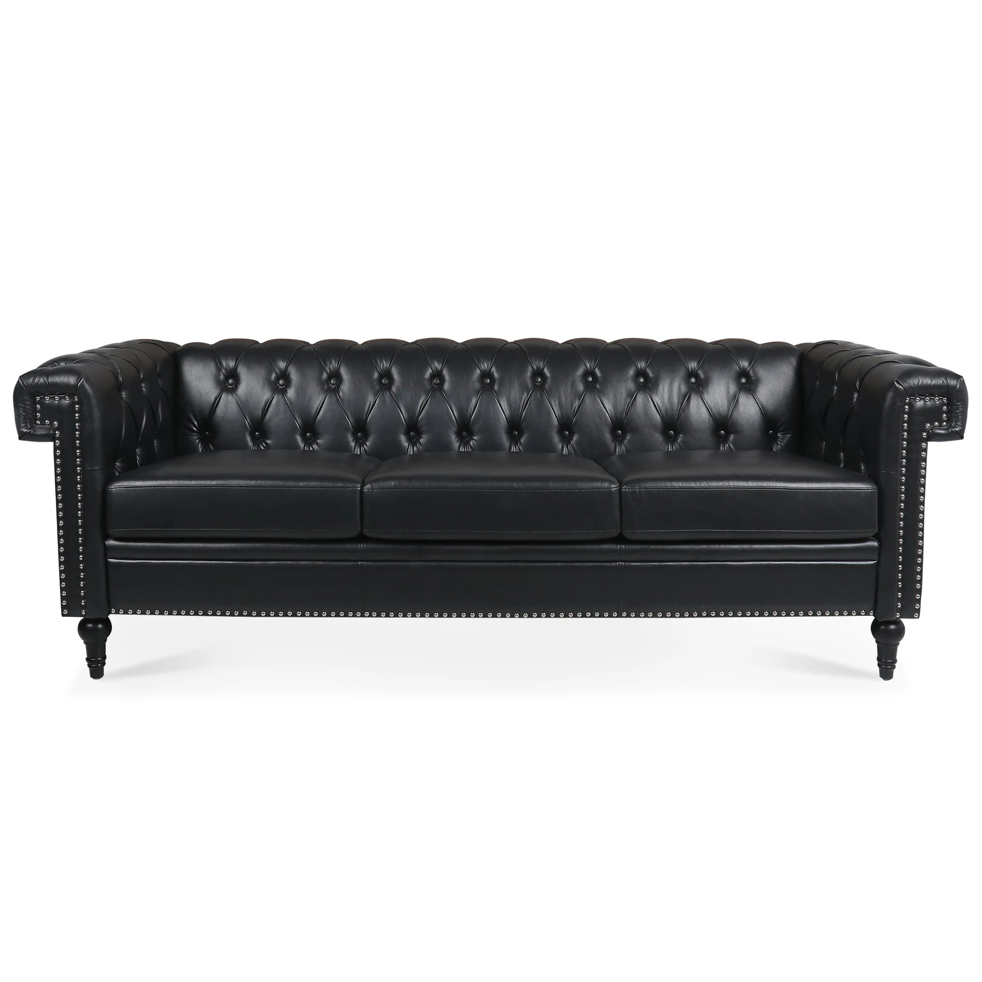 Vintage Black Tufted Genuine Leather Sofa Couch Luxury Living Room Chesterfield 3 Seat Set Convertible Hotel Lobby Furniture