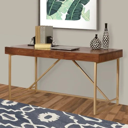 Modern Wooden Writing Desk with Metal Legs Walnut Brown Finish Storage Eco-Friendly & Durable for Home Office and Living Room