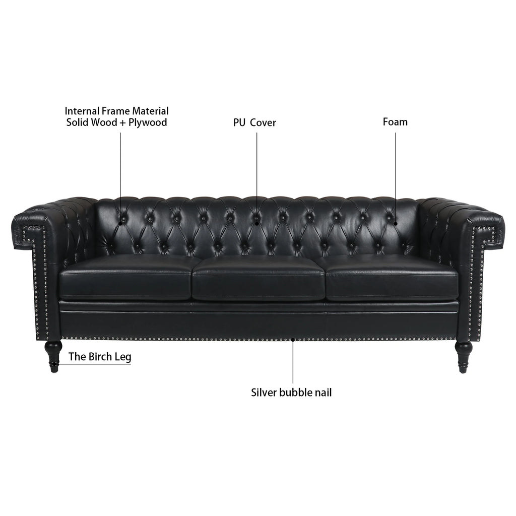 Vintage Black Tufted Genuine Leather Sofa Couch Luxury Living Room Chesterfield 3 Seat Set Convertible Hotel Lobby Furniture