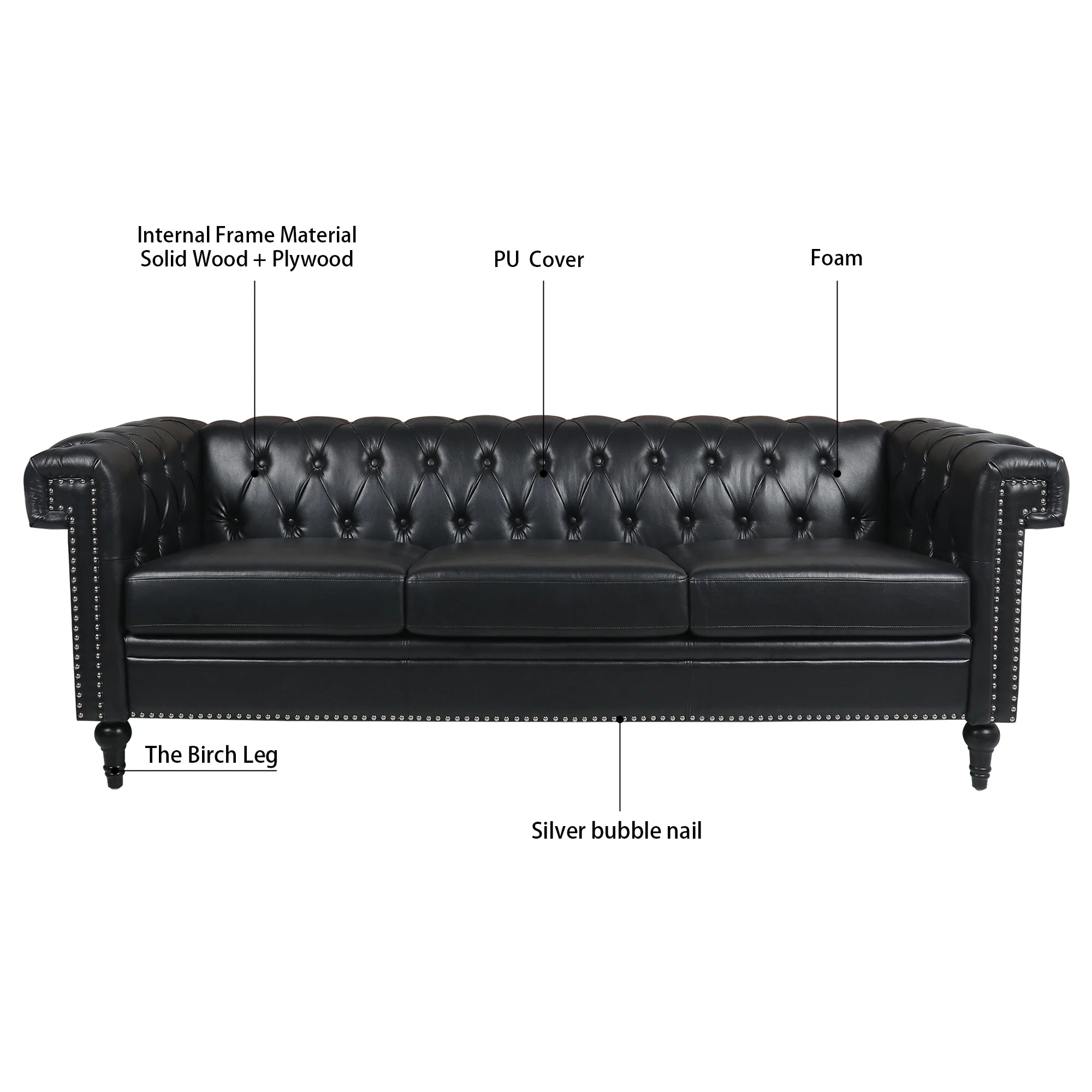 Vintage Black Tufted Genuine Leather Sofa Couch Luxury Living Room Chesterfield 3 Seat Set Convertible Hotel Lobby Furniture