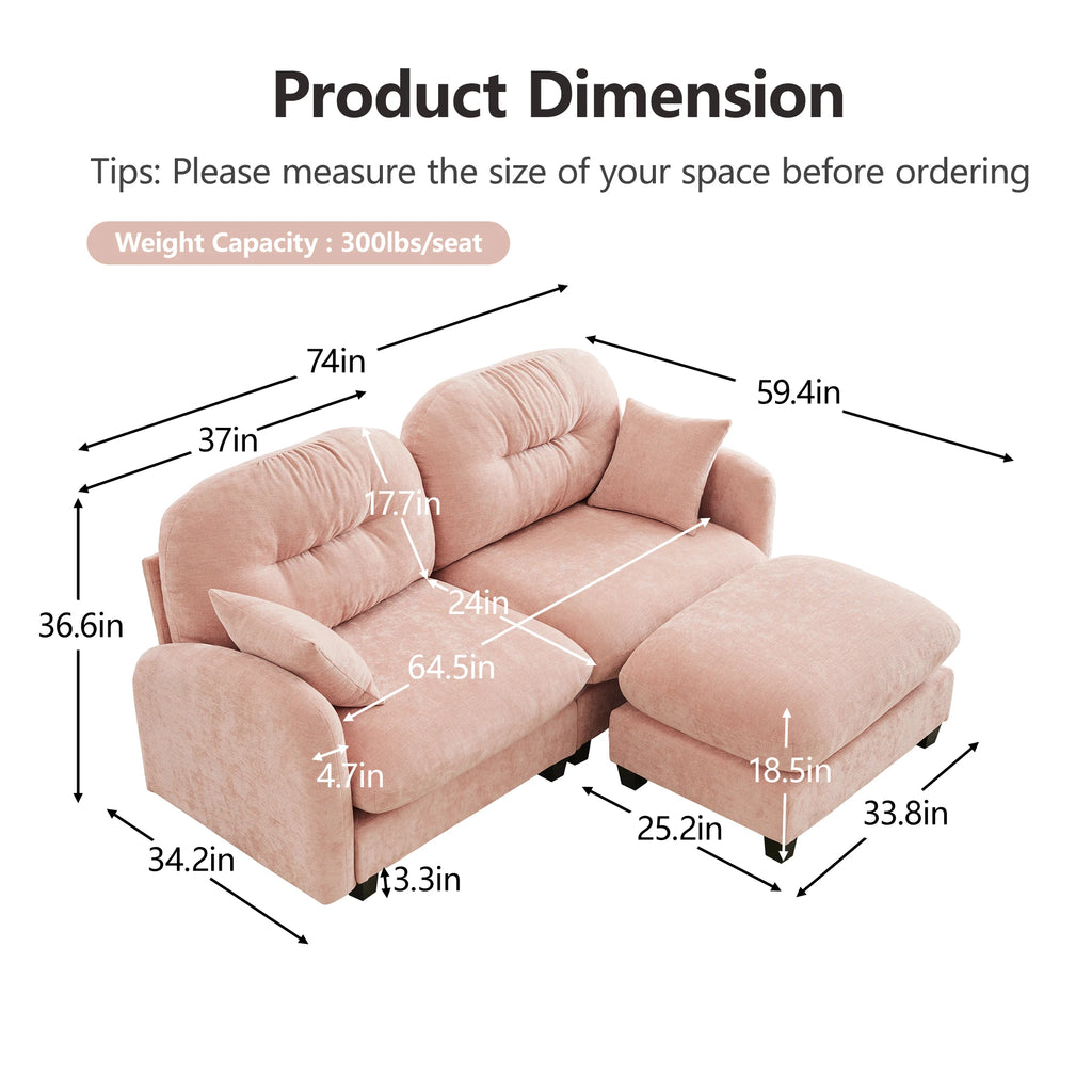 Modern Two Seat Cloud Sectional L-Shaped Couch Ottoman Soft Chenille Fabric Tufted Cushion Backrest High-Density Living Rooms