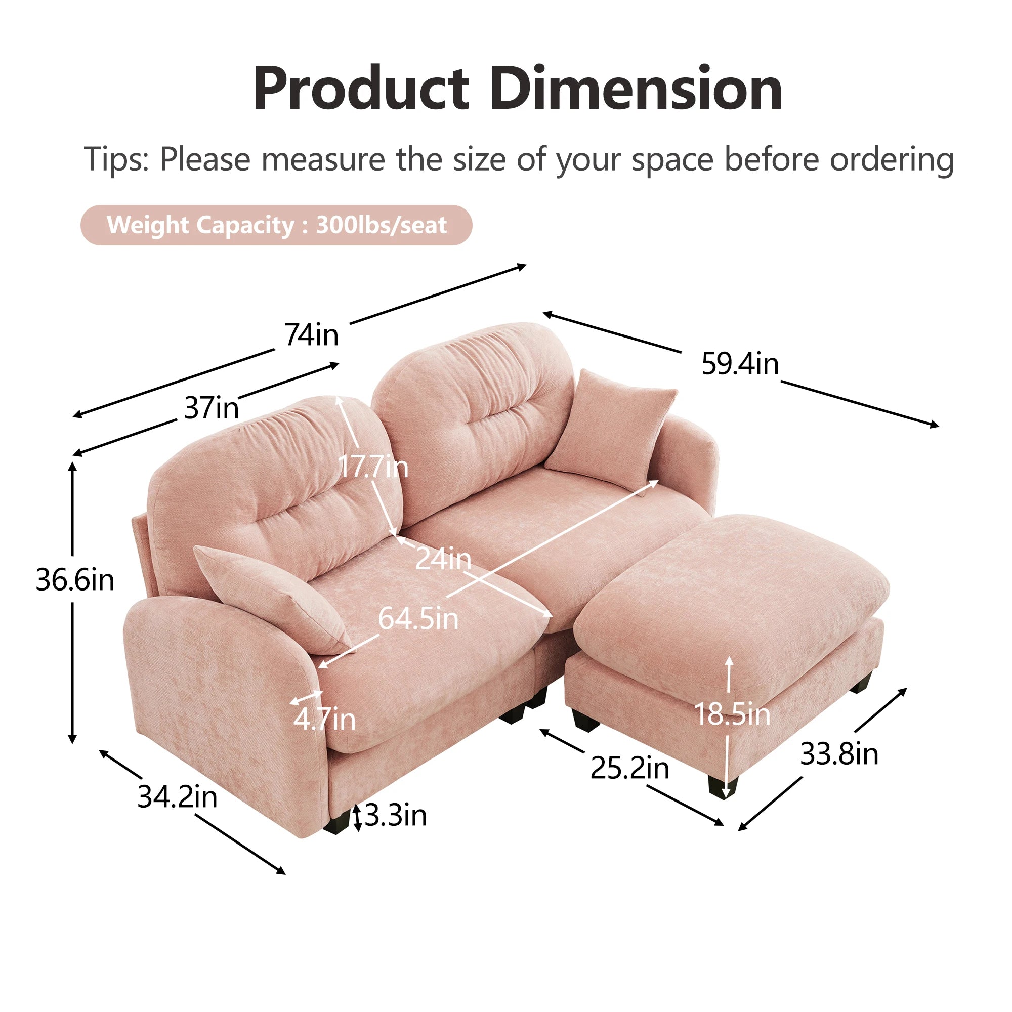 Modern Two Seat Cloud Sectional L-Shaped Couch Ottoman Soft Chenille Fabric Tufted Cushion Backrest High-Density Living Rooms