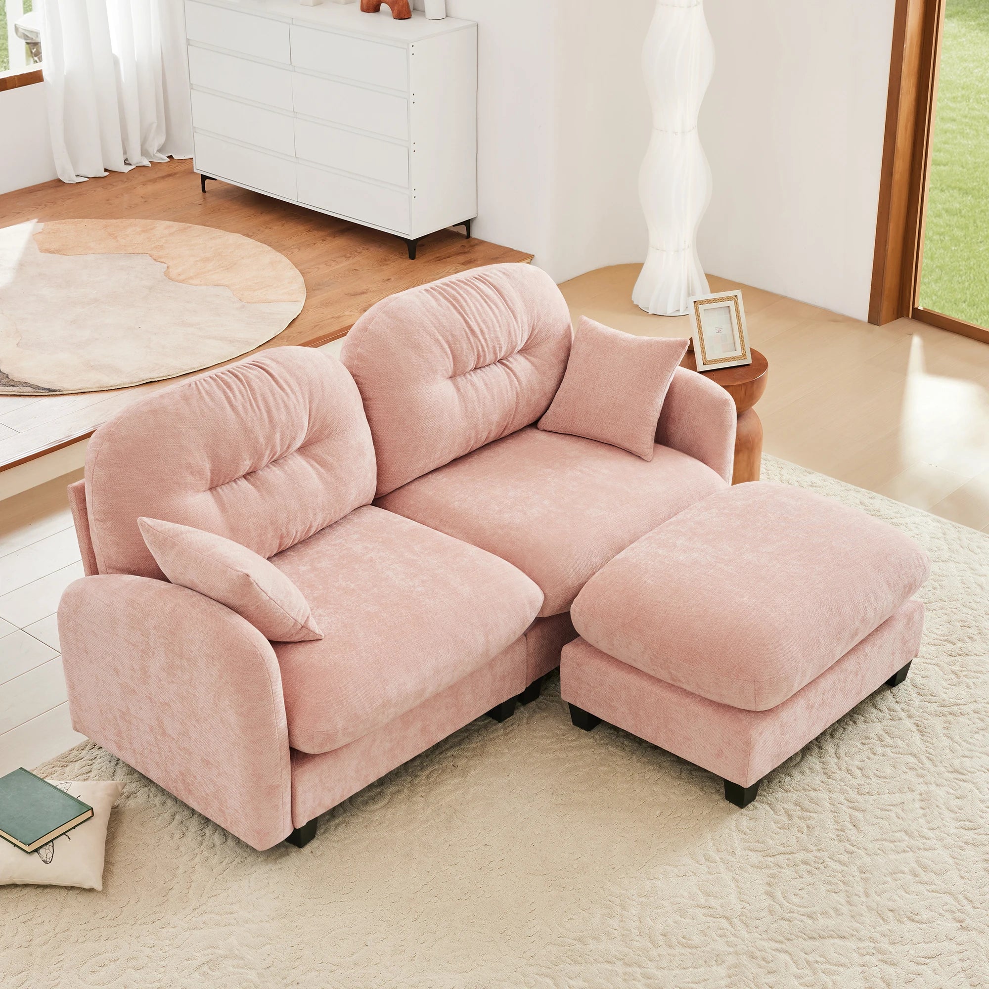 Modern Two Seat Cloud Sectional L-Shaped Couch Ottoman Soft Chenille Fabric Tufted Cushion Backrest High-Density Living Rooms