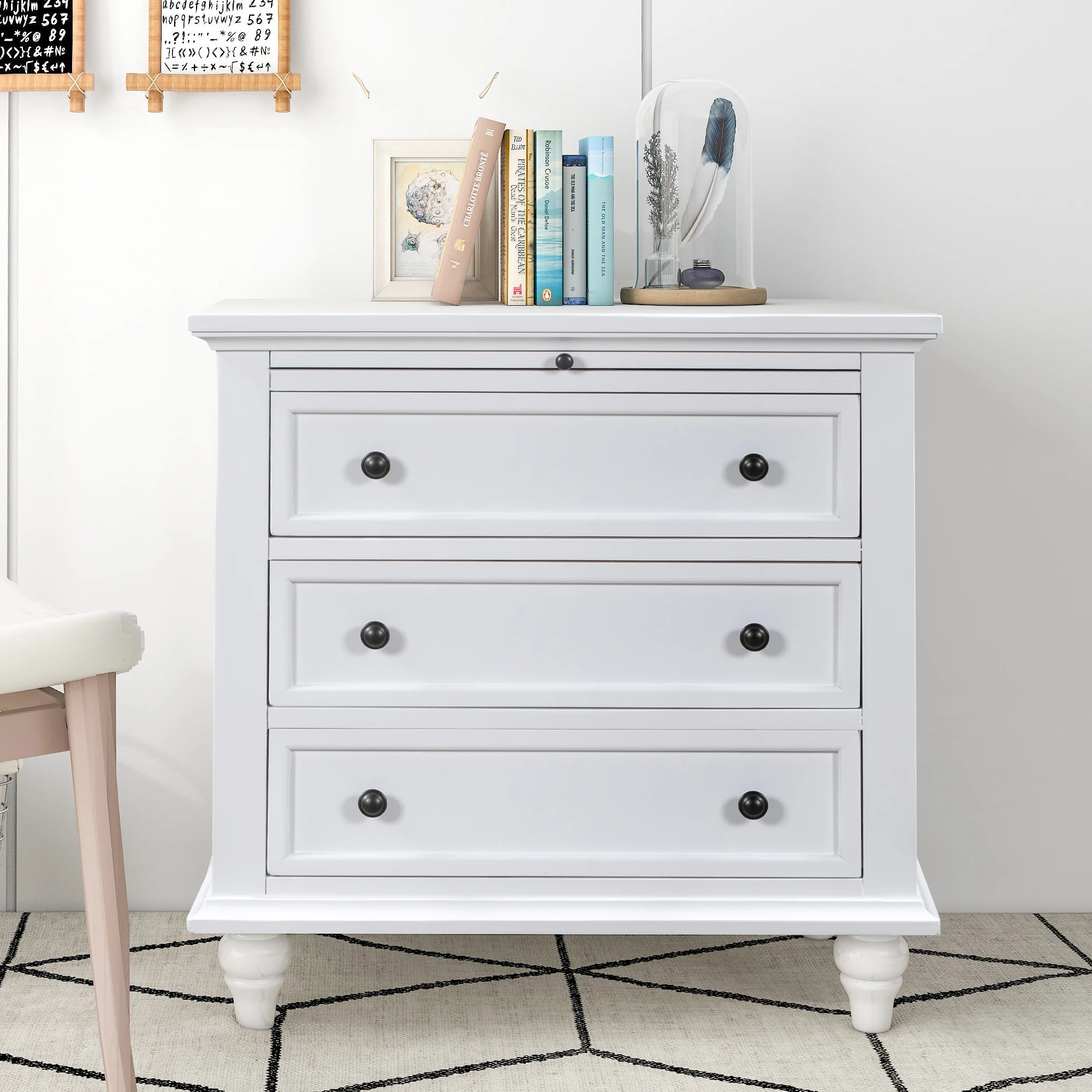 28''Nightstand Pine Wood Veneer Modern Bedside Cabinet 3 Drawers Pull-out Tray Minimalist Sofa Side Table Living Room Furniture