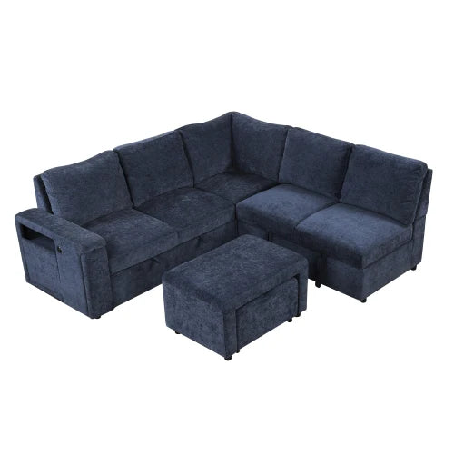 OE HOME Modern L-shaped Chenille Padded Modular Sofa with Storage USB Ports & Cup Holders for Living Rooms
