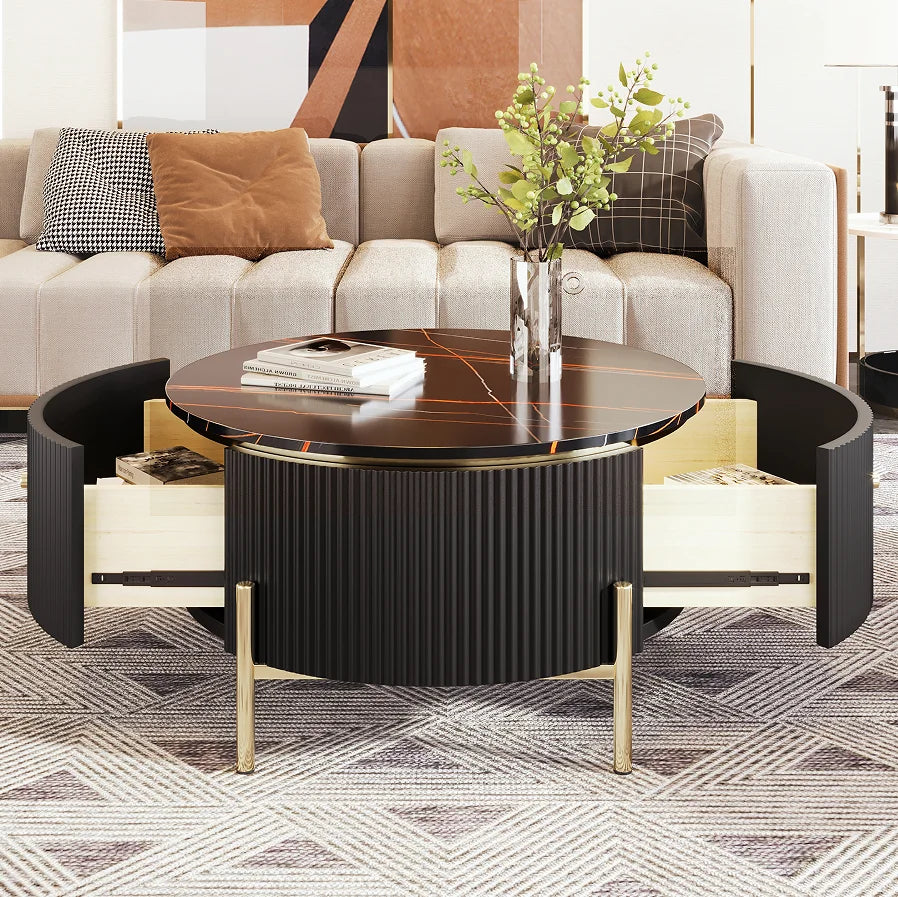 Modern Marble Round Coffee Table with 2 Large Drawers Storage Portable Accent Table for Living Room (31.5'')