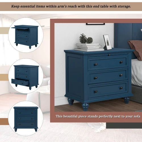 28''Nightstand Pine Wood Veneer Modern Bedside Cabinet 3 Drawers Pull-out Tray Minimalist Sofa Side Table Living Room Furniture