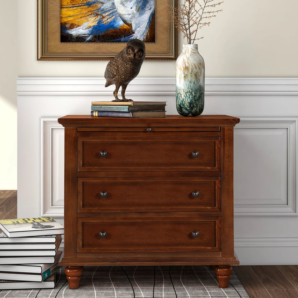 28''Nightstand Pine Wood Veneer Modern Bedside Cabinet 3 Drawers Pull-out Tray Minimalist Sofa Side Table Living Room Furniture