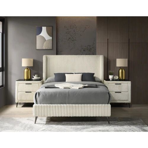 Mavela Modern Adjustable Wide Wale Corduroy Upholstery Panel Queen Bed 2 Nightstands Cream for Apartment Hotel Use Furniture Set