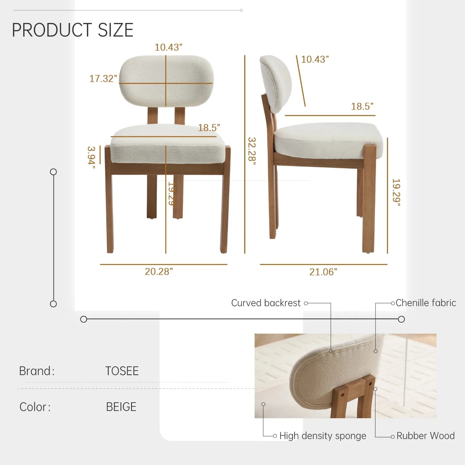 Modern Dining Room Chairs Set of 2, Minimalist Upholstered Chenile Fabric Kitchen Chair with Wooden Legs (Lake Blue/beige/grey)