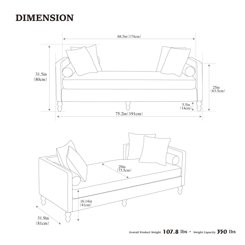 M Modern Wooden Sofa Bench Chenille Upholstered Sleeper Indoor Lounge Rubberwood Legs Chaise for Bedroom Living Room
