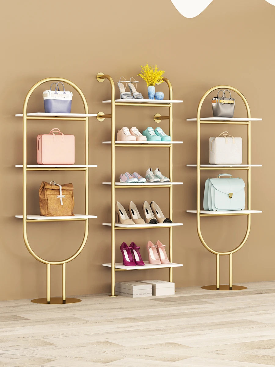Store Multi-layer Shop Furniture Metal Display Stand Glossy Stainless Steel Gold Shoe Bag Display Rack Display Shelf