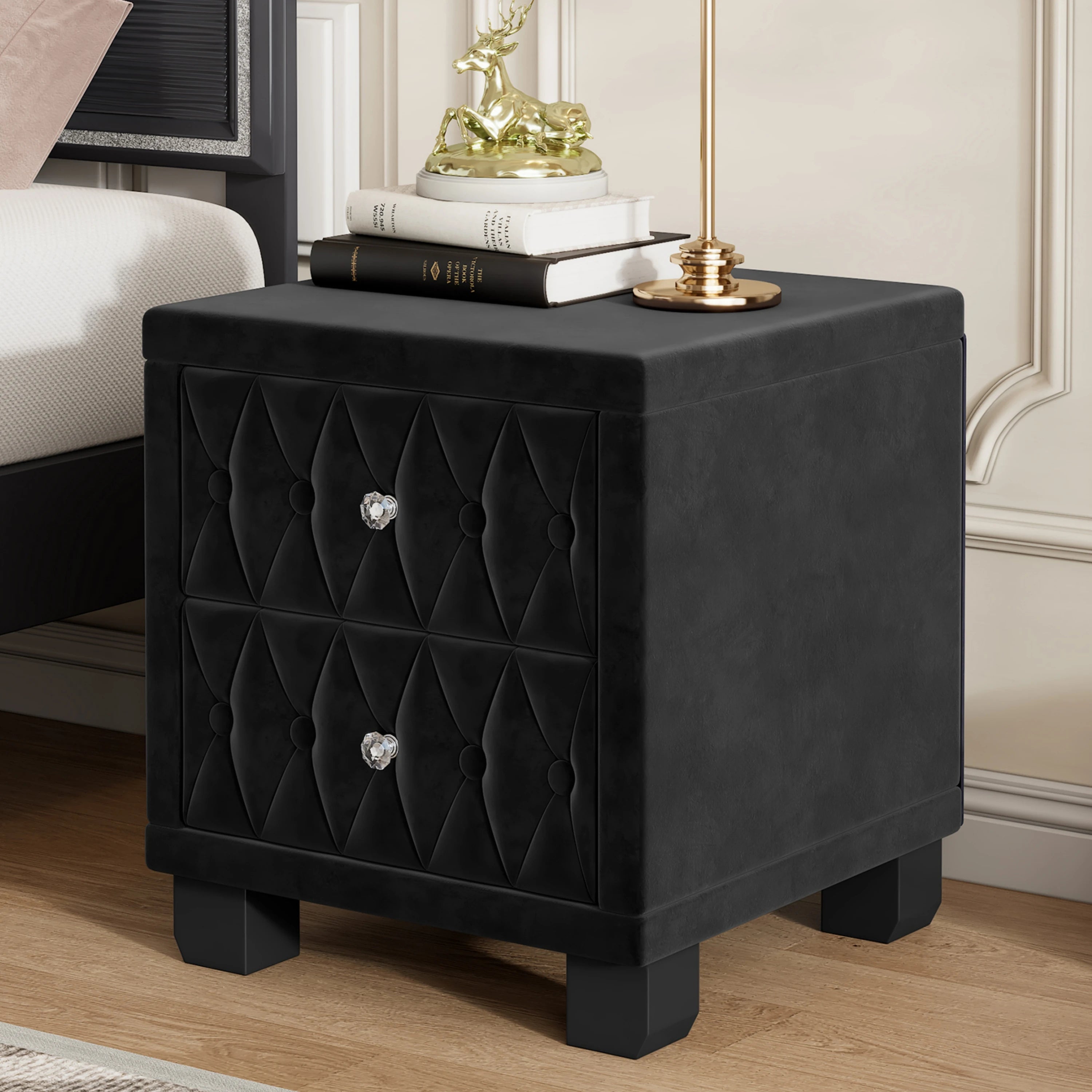 Elegant Luxury Modern Velvet Bedroom Nightstand 2 Drawers Crystal Handle Button-Tufted Pink Panel Design Durable Home Furniture