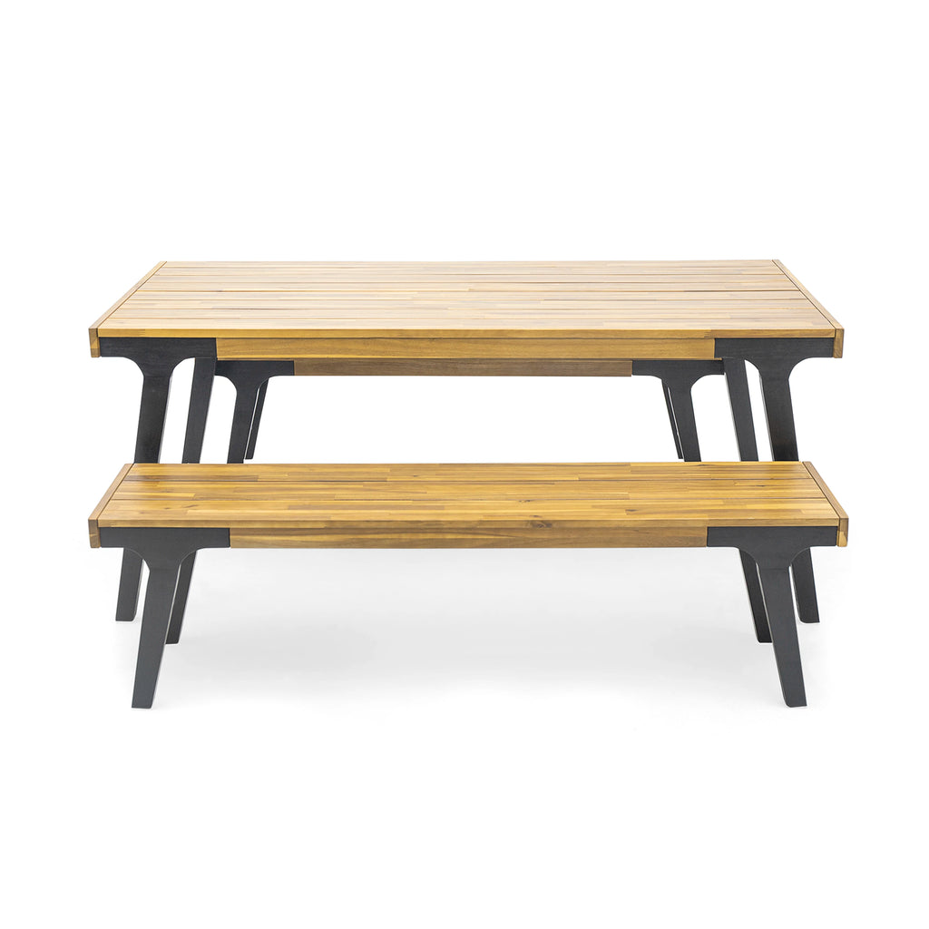 Modern Outdoor Dining Table and Benches Set with Light Teak + Wood