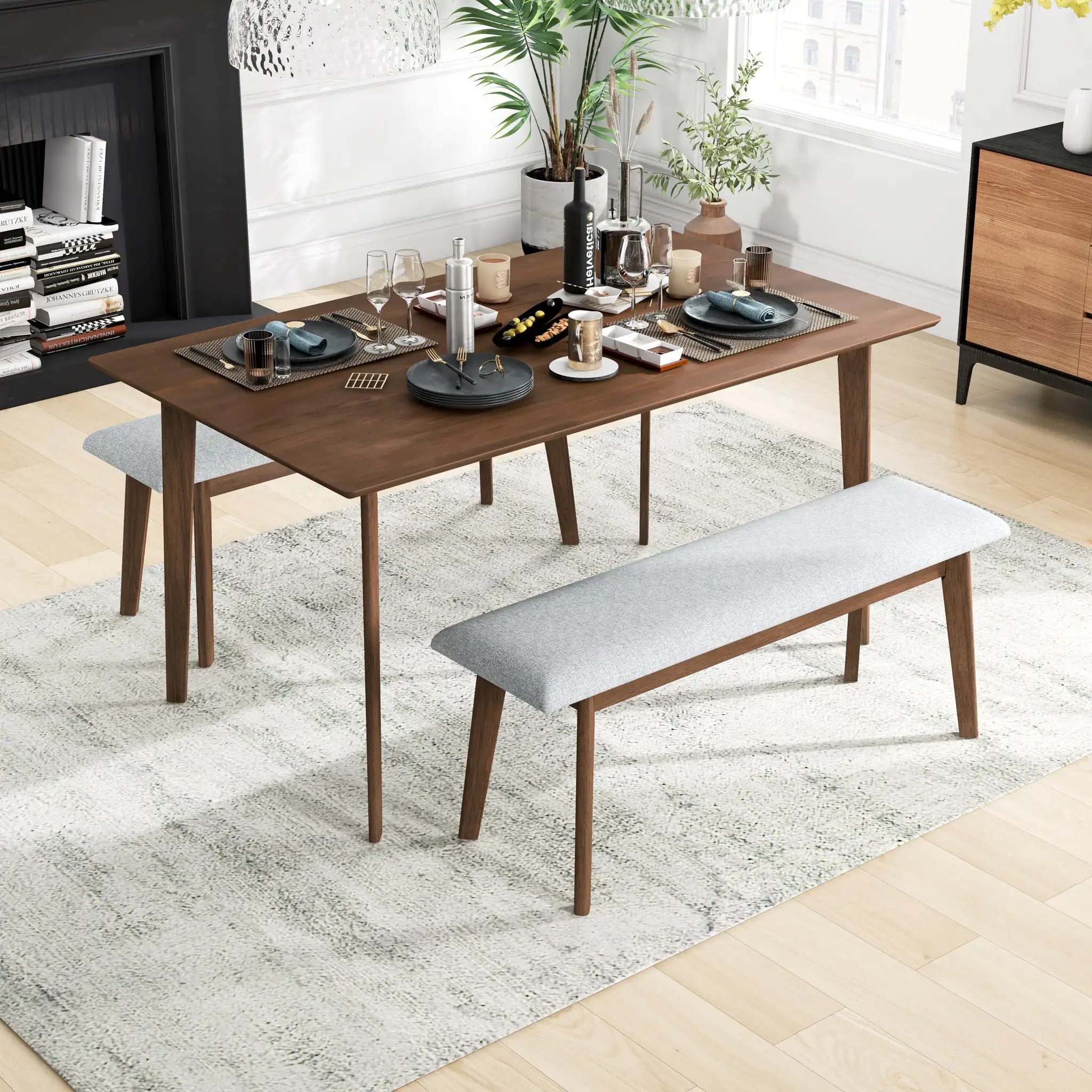 Carlos Solid Wood Dining Table with Long Chair Waterproof & Lightweight for Small Rental