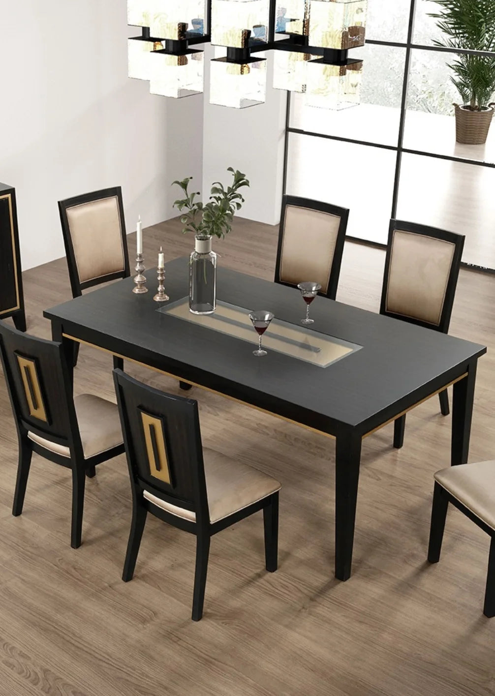 7pc Modern Dining Set with Espresso Dining Table and Glass Insert Top 6 Chairs-Wooden Hotel Apartment Dining Room Furniture