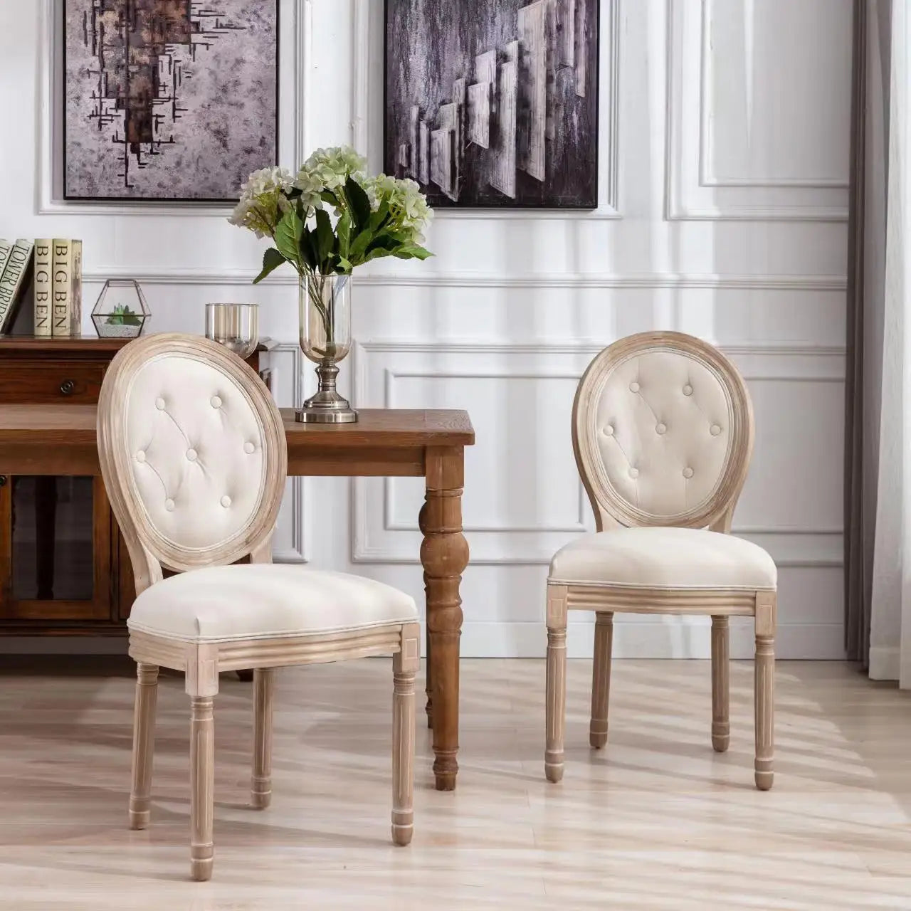 Modern Dining Room Chairs Set of 2, Beige Fabric Rattan Back Antique Wooden French Louis Chair for Hotel Wedding Event