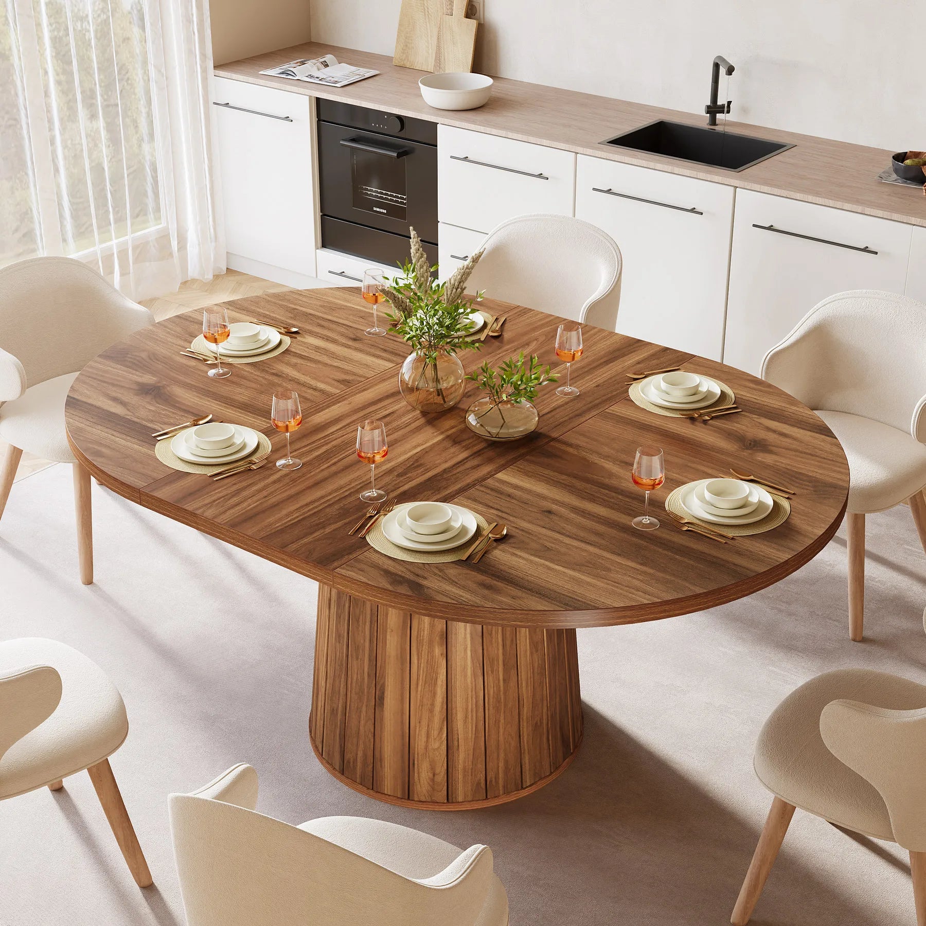 55" Oval Dining Table for 6, Farmhouse Table with Sturdy Pedestal Base for Family Gatherings in Kitchen & Dining Room