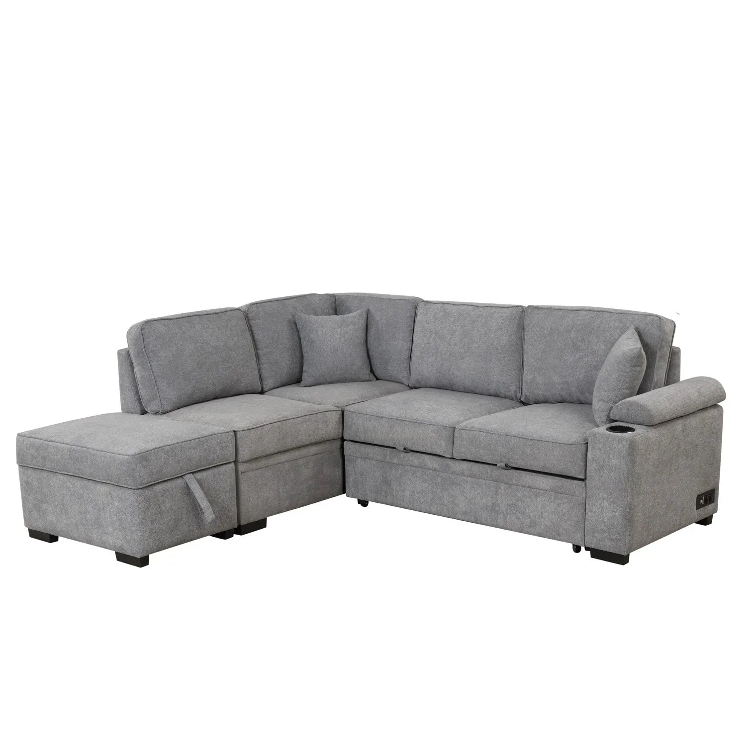 Three Seat Fabric Sofa Bed Pull-Out Function 2-in-1 L-Shape Couch Storage Ottoman for Living Room Bedroom Hotel Small Apartments