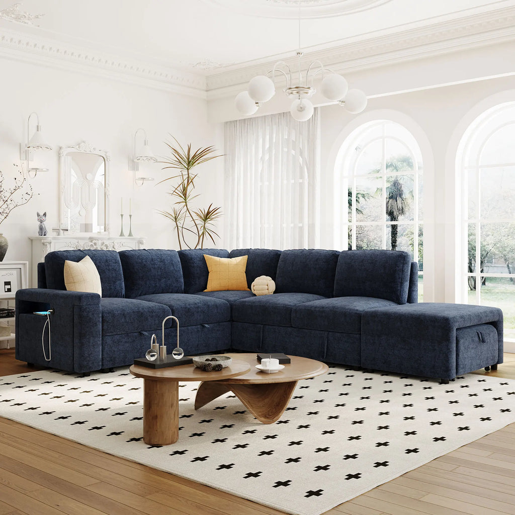 OE HOME Modern L-shaped Chenille Padded Modular Sofa with Storage USB Ports & Cup Holders for Living Rooms